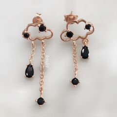 Asimetrik Bulut Gümüş Küpe (Siyah Taşlı)