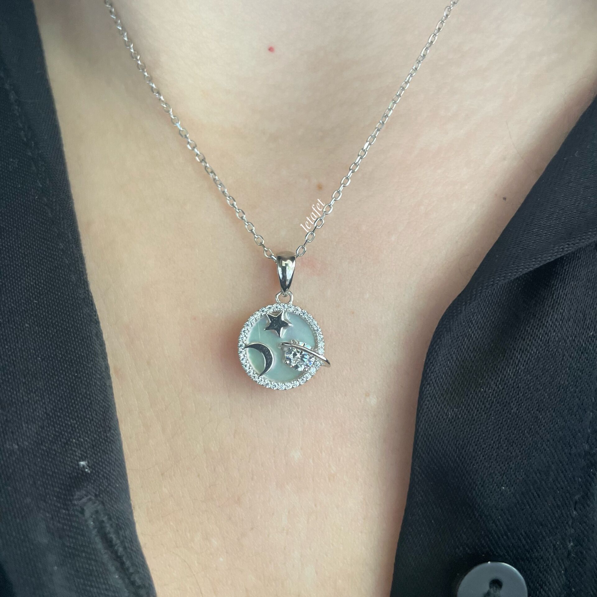 Gezegen Sedef Taşlı Gümüş Kolye