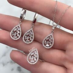 Baget Taşlı Damla Gümüş Set