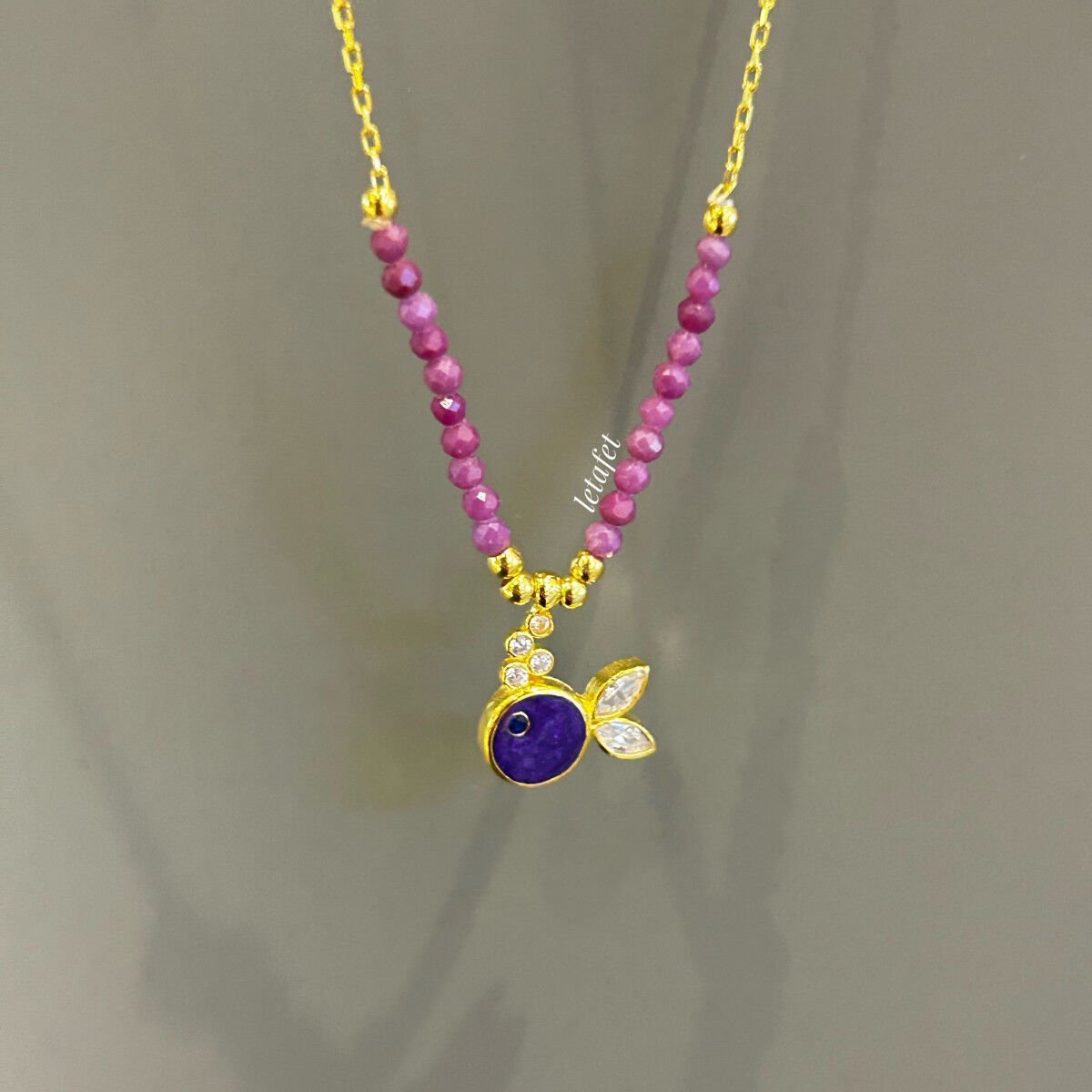 Balık Mor Mineli Gümüş Kolye