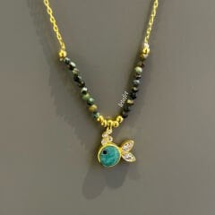 Balık Yeşil Mineli Gümüş Kolye