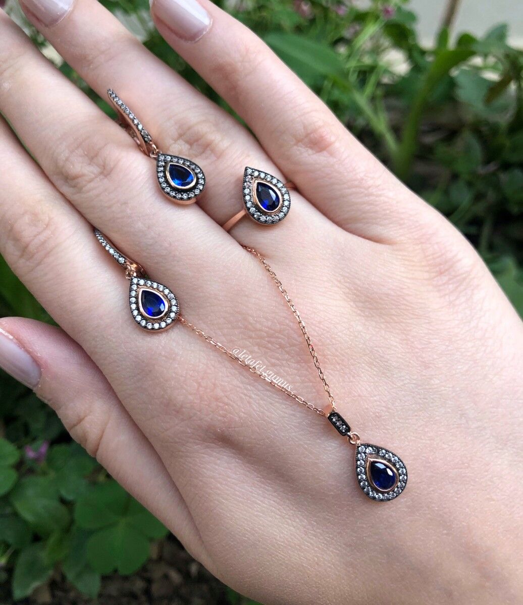 Damla Elmas Montür Gümüş Safir Set