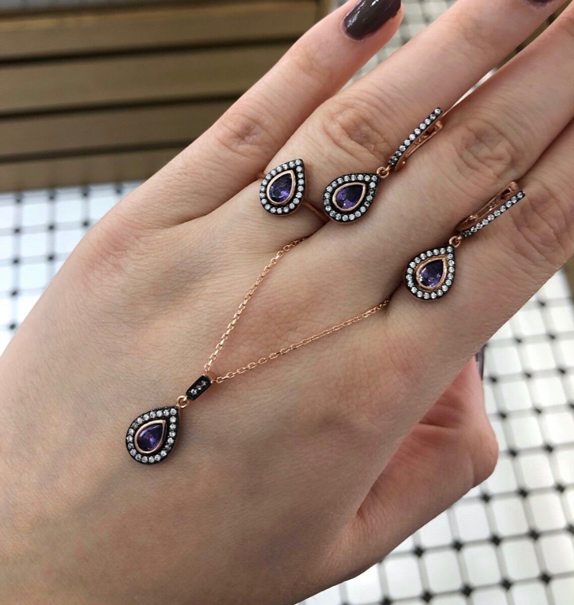 Elmas Montür Damla Ametist Set