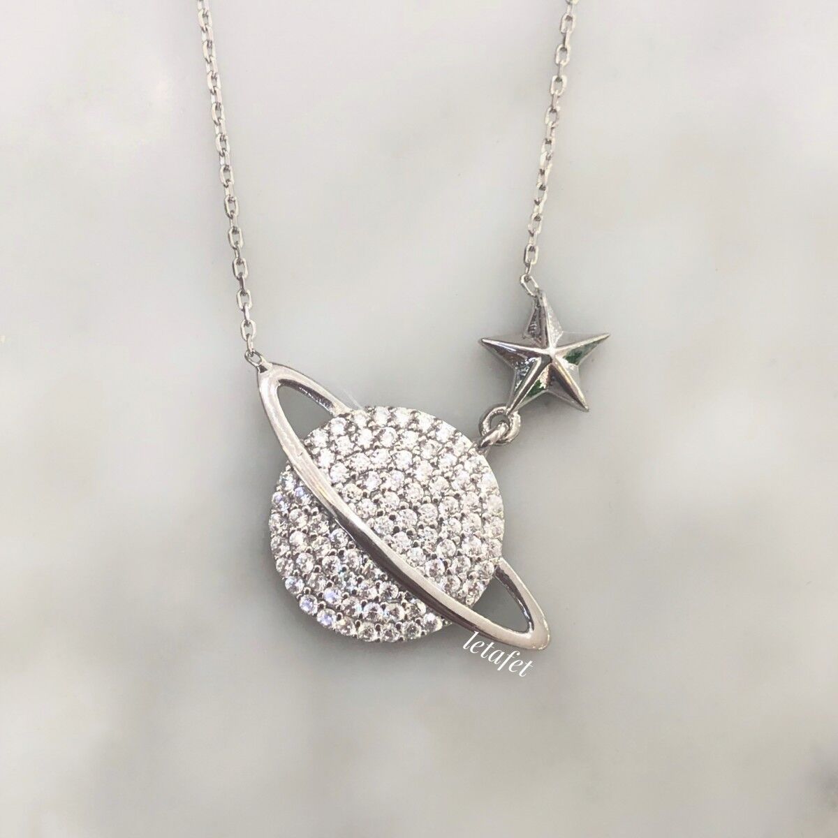 Gezegen (Satürn) Gümüş Kolye Beyaz