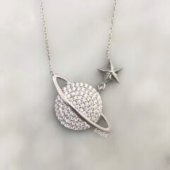 Gezegen (Satürn) Gümüş Kolye Beyaz