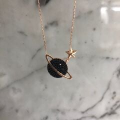 Gezegen (Satürn) Gümüş Kolye Siyah