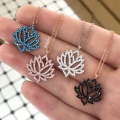 Lotus Çiçeği Gümüş Kolye Siyah taşlı
