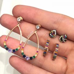 Renkli Baget Taşlı Halka Gümüş Küpe