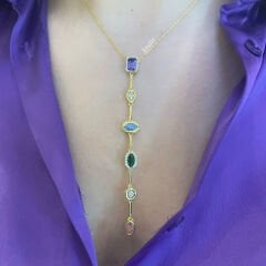 Renkli Taşlı V Gümüş Kolye