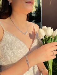 Taşlı Gümüş Gerdanlık İkili Set