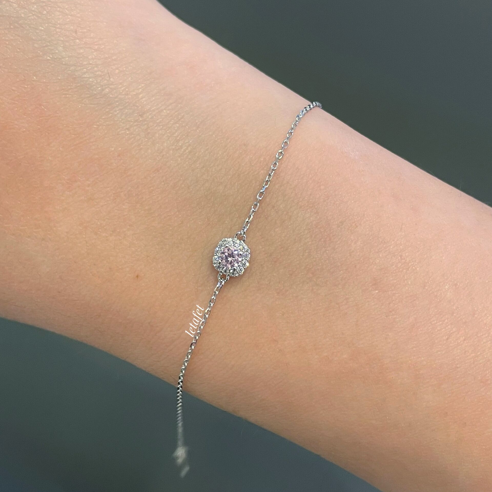 Pembe Kare Taşlı Minimal Gümüş Bileklik 2